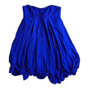 BCBG blue silk strapless mini dress with ruffled hem.